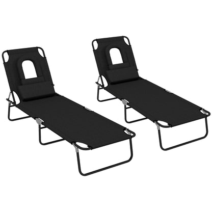 Outsunny Outdoor Folding Sun Lounger Set of 2 with Face Hole, 4 Level Adjustable Backrest Reclining Garden Lounger, Garden Recliner Sunbed with 600 D Oxford Cloth Seat and Pillow for Beach, Black