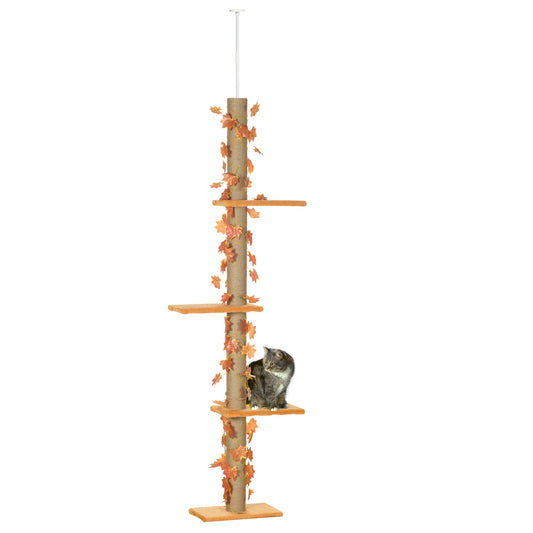 PawHut 202-242cm Height Adjustable Floor to Ceiling Cat Tree for Cats with Sisal Scratching Post, 3- Tier Cat Tower