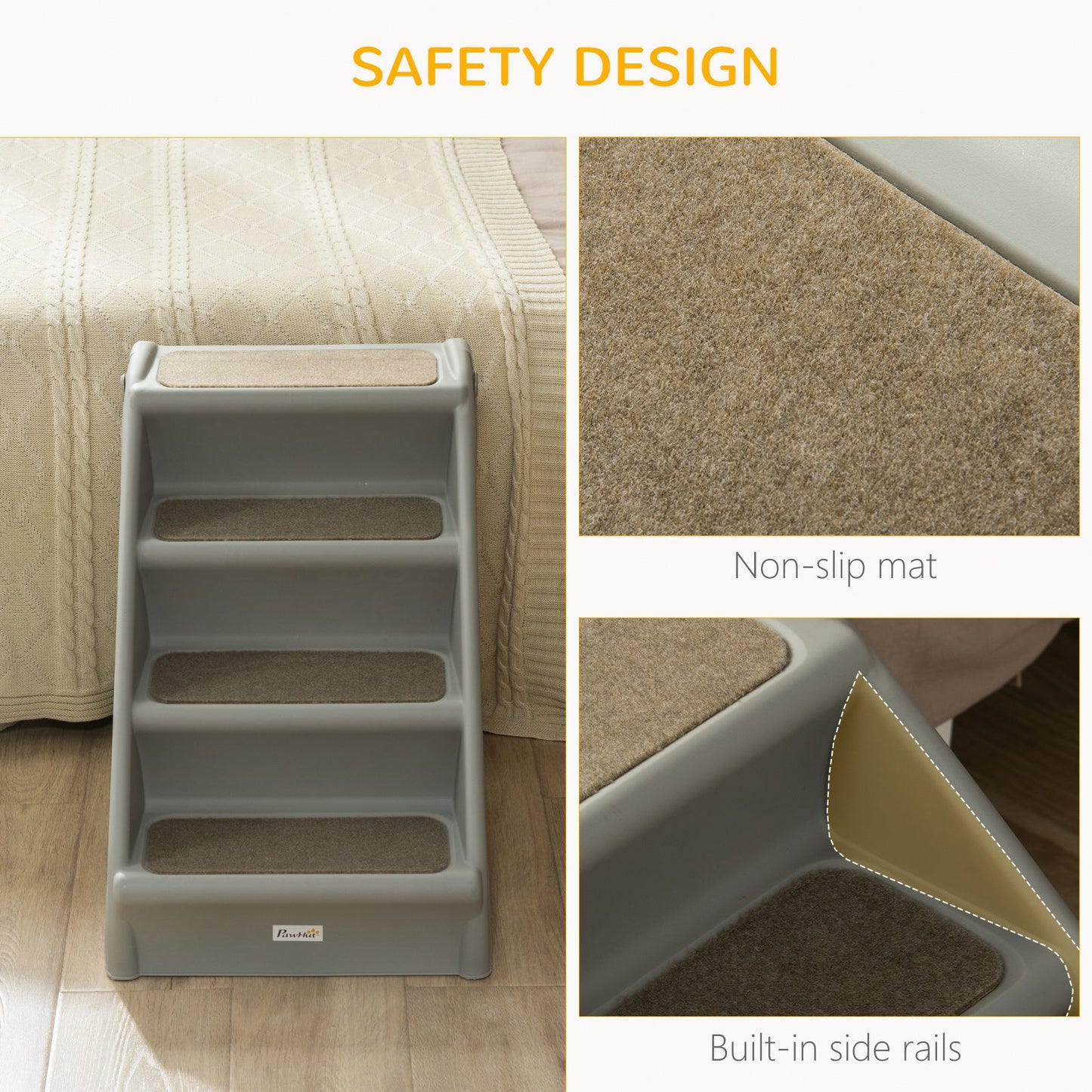 PawHut Foldable Four-Step Pet Stairs, for Cats, Small Miniature Dogs, with Non-Slip Mats 62 x 38 x 49.5cm - Grey