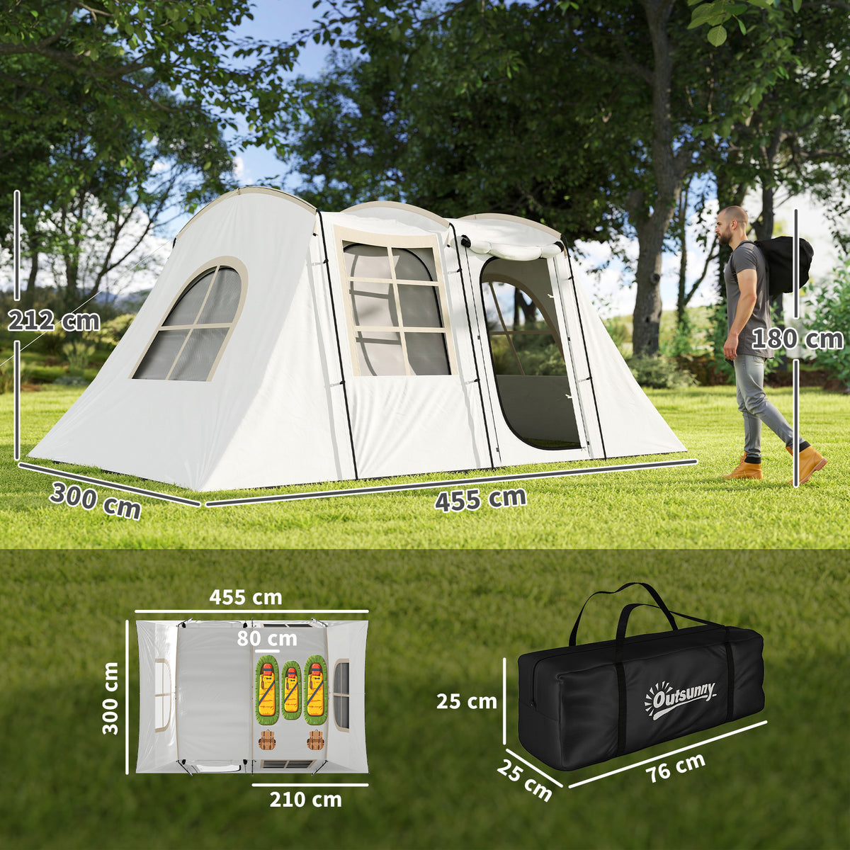 Outsunny 4 Man Tunnel Tent, Family Camping Tent with Porch, Bedroom and Living Area, Sewn in Groundsheet, 3000mm Waterproof, Portable with Bag for Hiking, Festival, Backpacking, Khaki