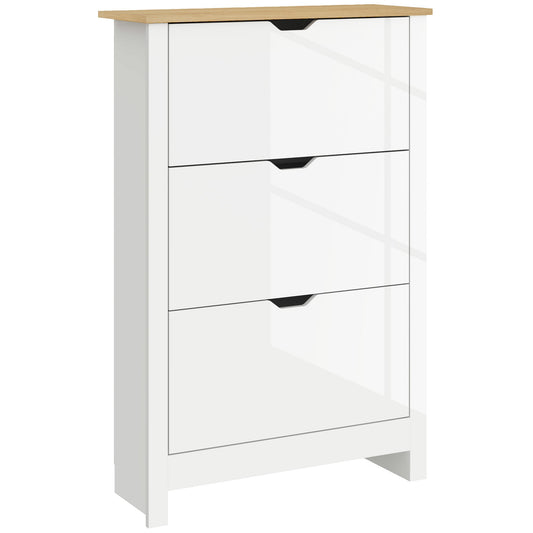 HOMCOM Slim Shoe Cabinet, Narrow Shoe Cupboard with 3 Flip Drawers, Adjustable Shelves for 18 Pairs of Shoes, High Gloss White