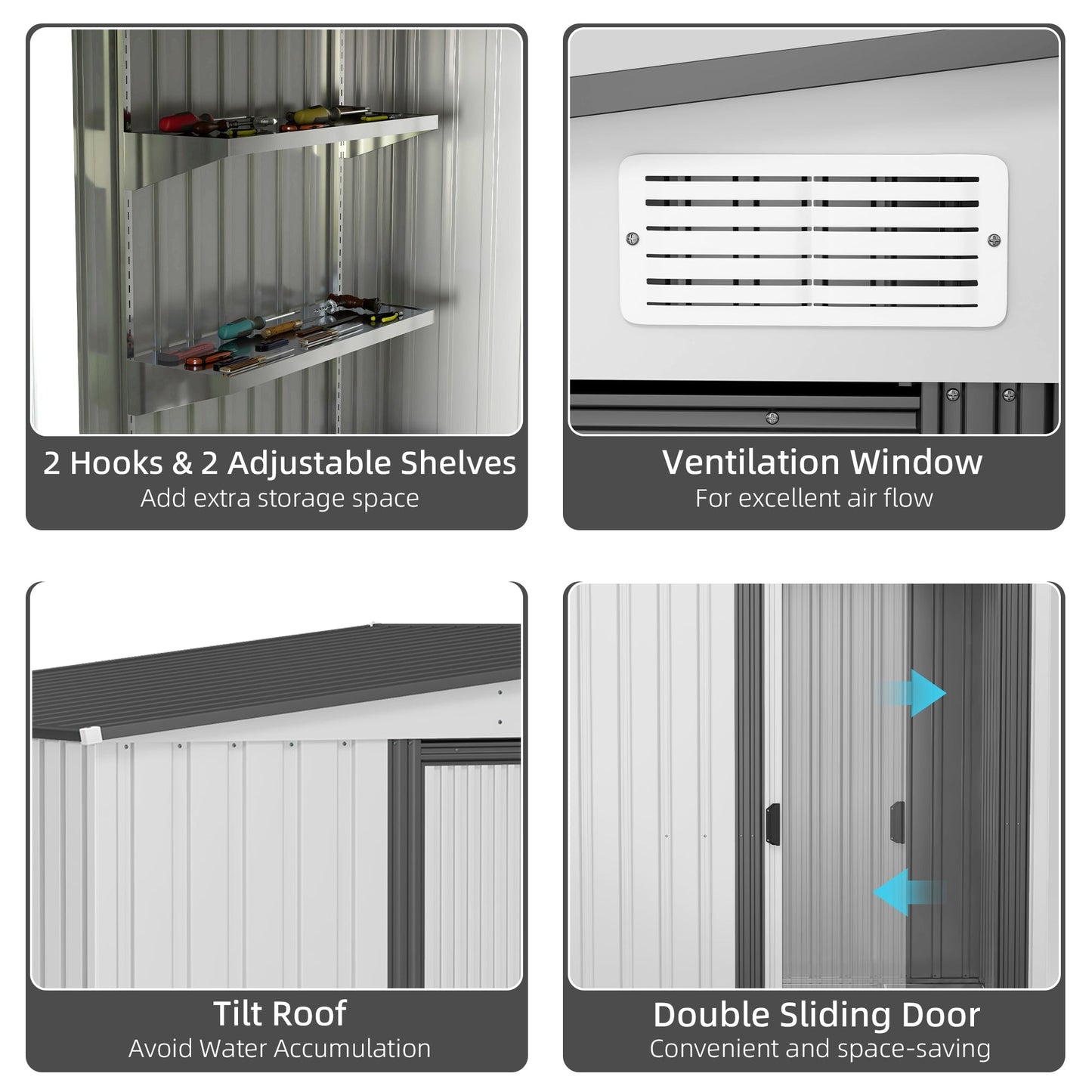 Outsunny 5 x 7FT Galvanised Metal Shed with Foundation, Lean to Tool Garden Shed with Sliding Doors and 2 Vents, White