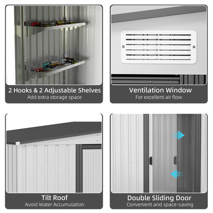 Outsunny 5 x 7FT Galvanised Metal Shed with Foundation, Lean to Tool Garden Shed with Sliding Doors and 2 Vents, White