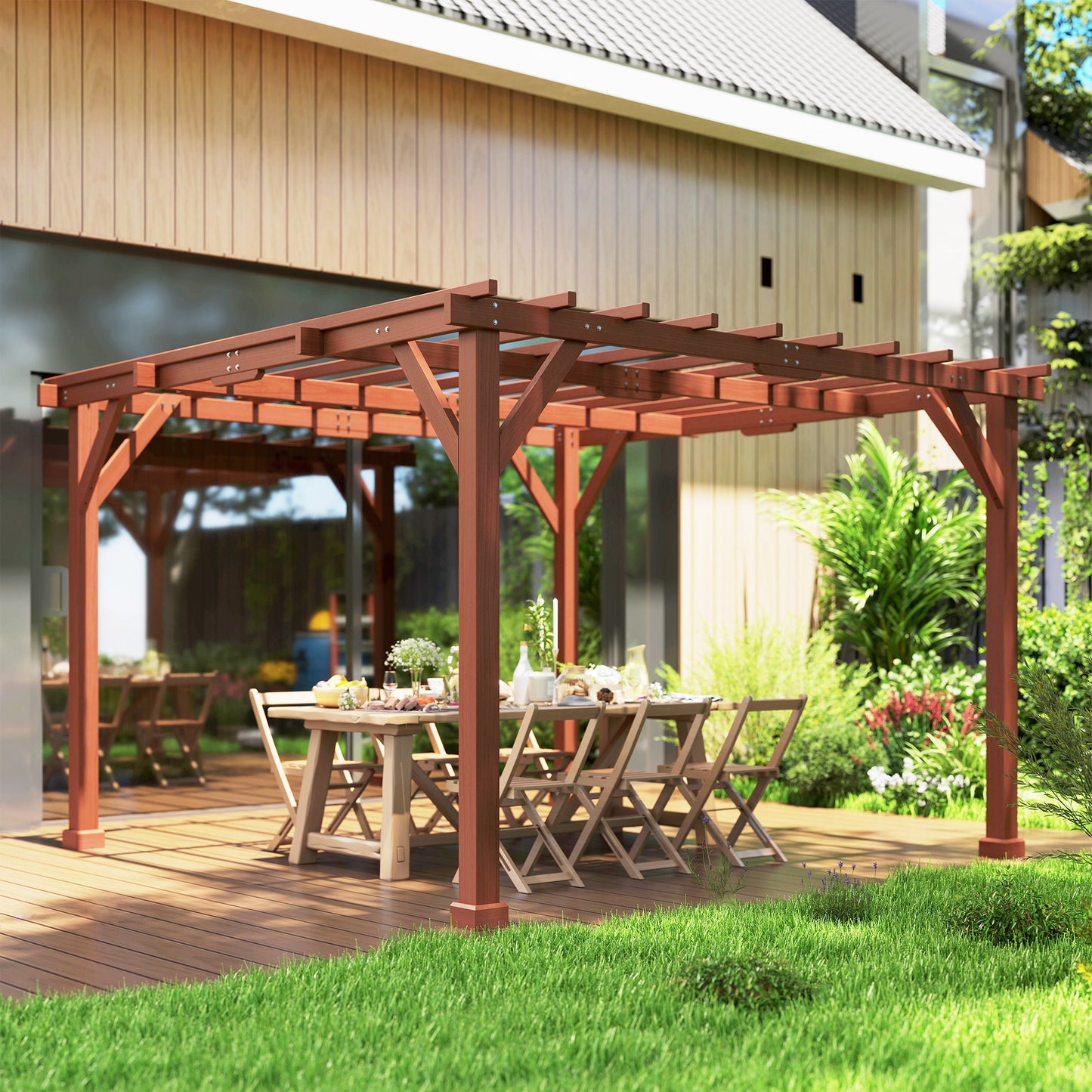 Zestaw pergoli drewnianej Outsunny 3,3 x 3,3 m, altana Graden Pergola, kratka na winorośl ze stabilną konstrukcją dla pnączy, kwiaty