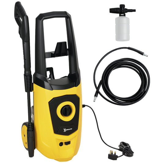 DURHAND 1800 W Myjka wysokociśnieniowa, ciśnienie 150 barów, przepływ 510 l/h, wysokowydajna przenośna myjka ciśnieniowa z wężem 6 m, butelka z pianką śnieżną do ogrodu, samochodu, mebli, żółta
