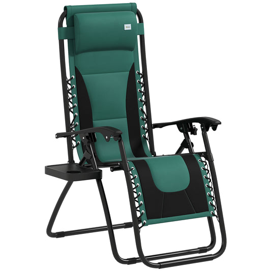 Outsunny Zero Gravity Lounger Chair, składany rozkładany fotel ogrodowy z wyściełanym siedziskiem, uchwytem na kubek, miękką poduszką i zagłówkiem do użytku przy basenie, kempingowy, zielony