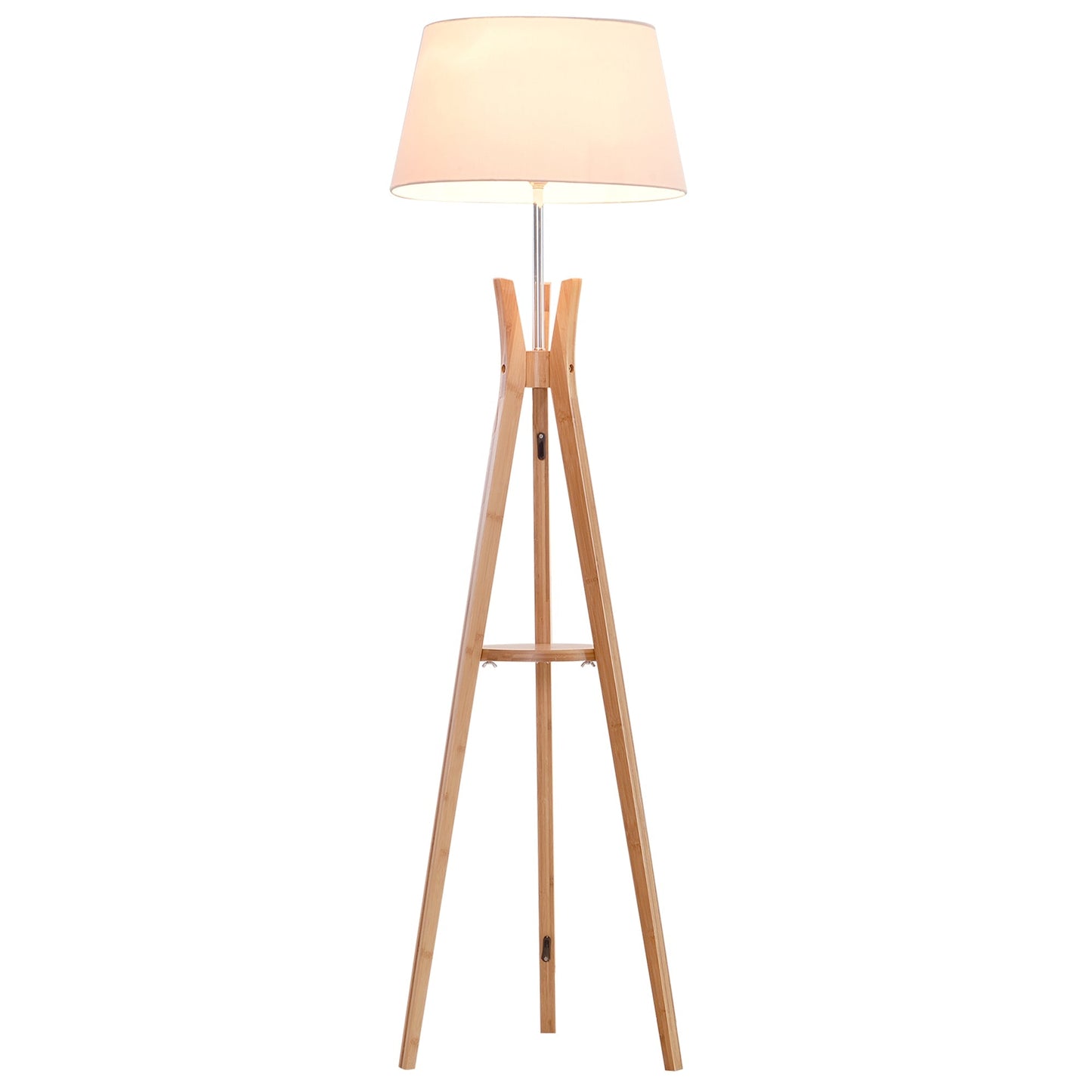 Tripod Floor Lamp Light E27 Base Bedroom Living Room Natural Wooden Fabric Shade Storage Shelf Foot Switch, 156cm, White