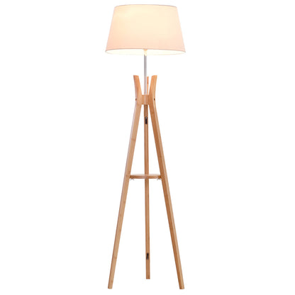 Tripod Floor Lamp Light E27 Base Bedroom Living Room Natural Wooden Fabric Shade Storage Shelf Foot Switch, 156cm, White