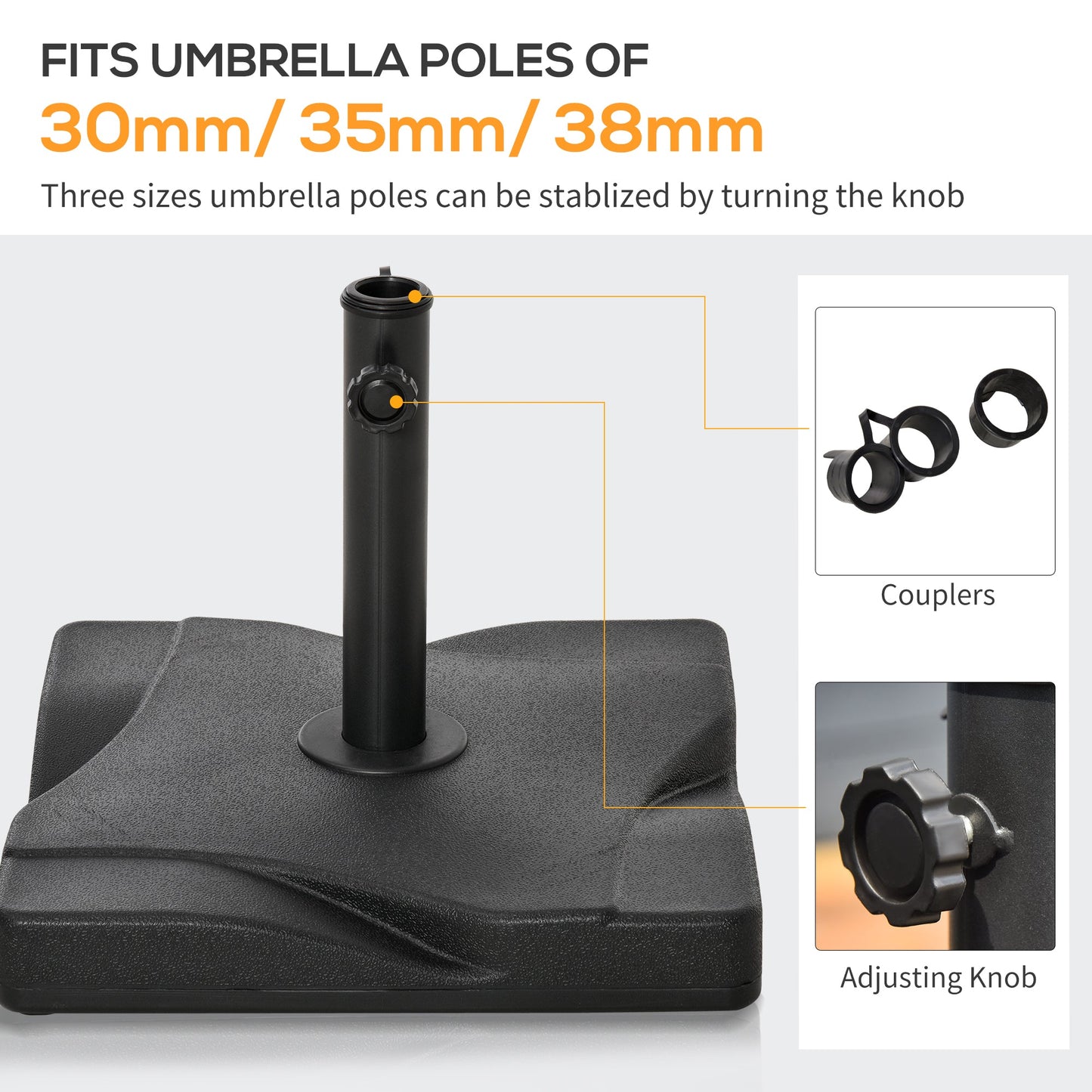 Outsunny 20kg Square Parasol Base Outdoor Garden Cement Umbrella Weight Stand Holder, Fits _32mm,_38mm,_48mm Pole - Black