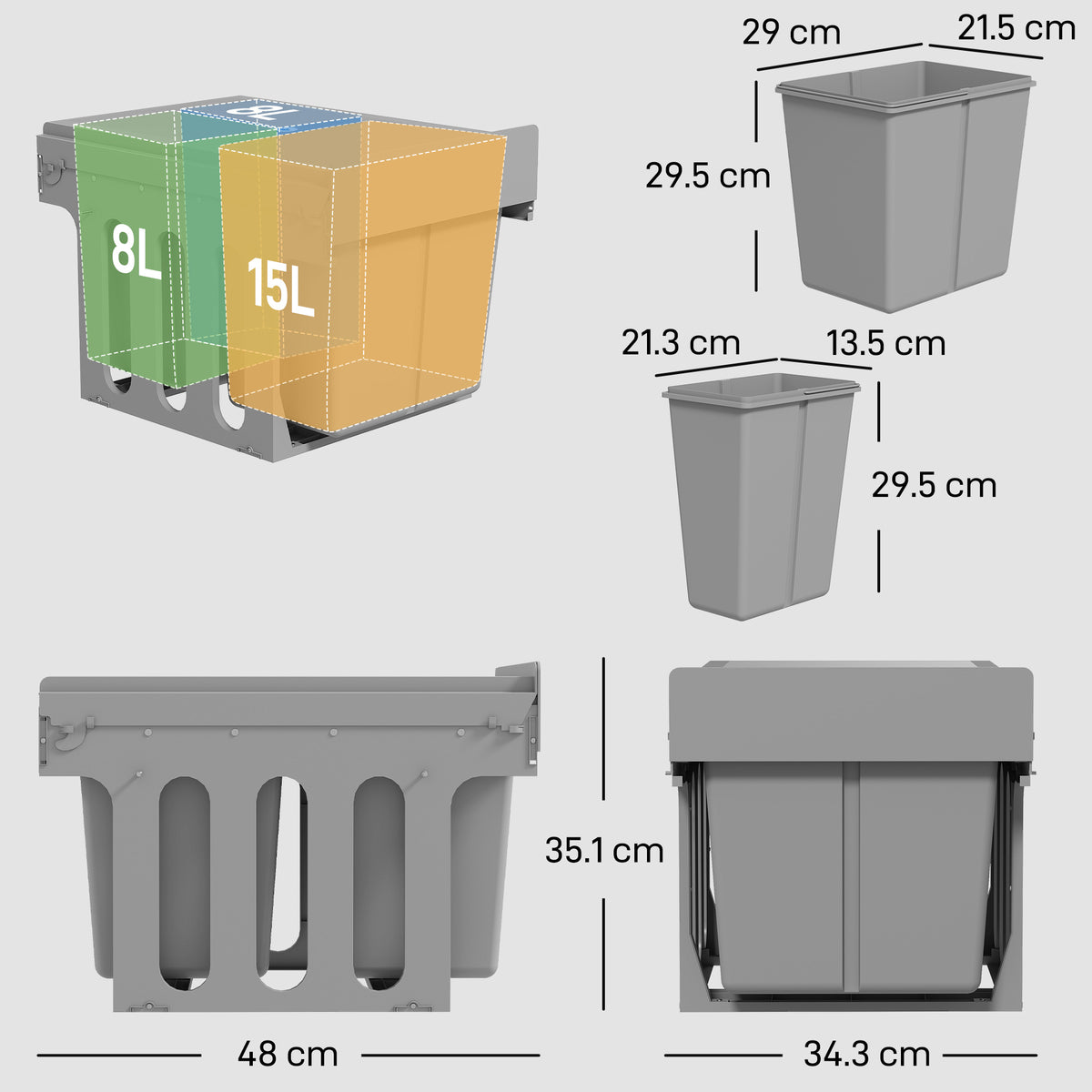HOMCOM Pull Out Bin, Under Sink Bin - 3 Removable Compartments (15L + 2 x 8L) for 400mm Cabinets, Light Grey
