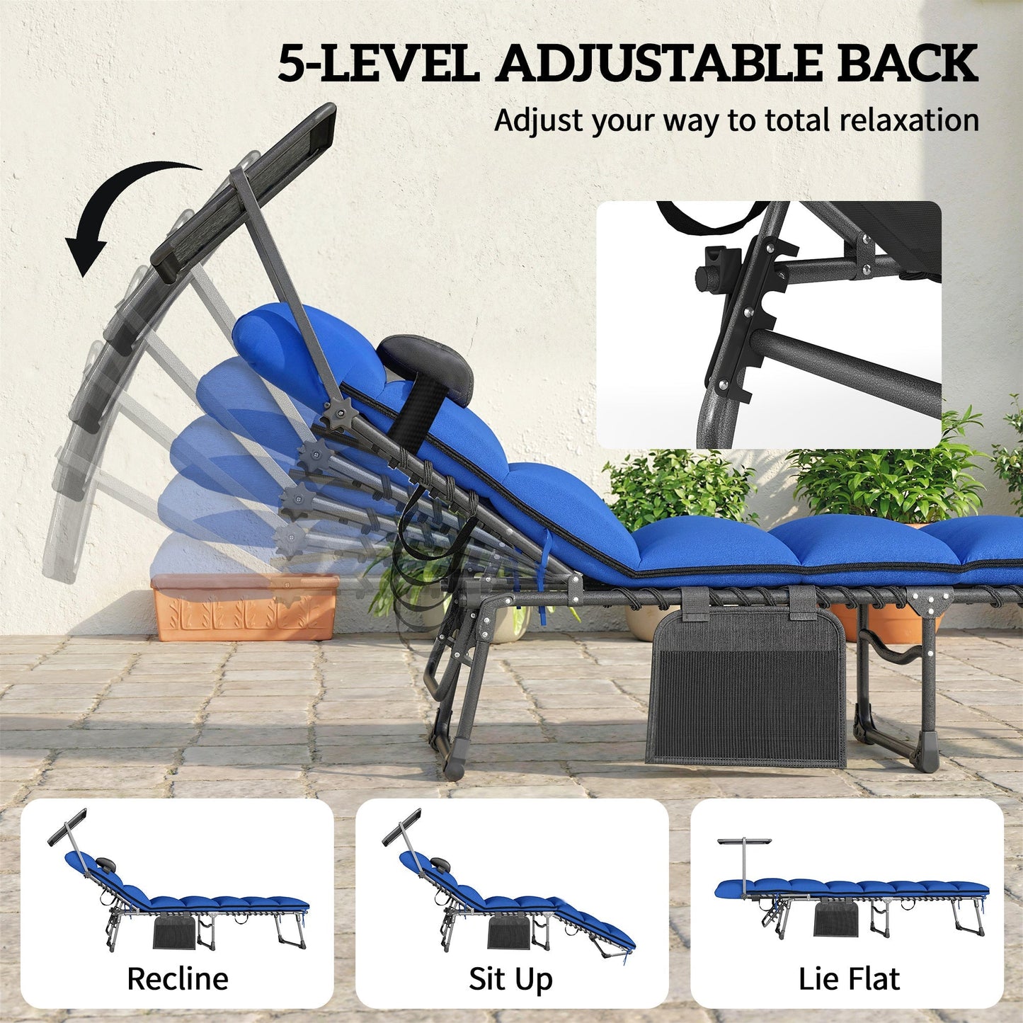 Outsunny Folding Sun Loungers Set of 2 with Canopy, Reclining Sunbed with Cushion, Side Pocket, Carrying Handle, Dark Blue