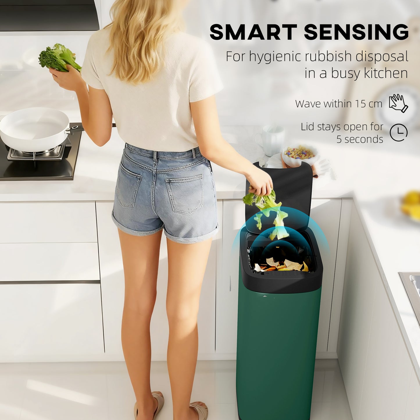 HOMCOM 50L Sensor Bin, Automatic Kitchen Bin, Manual Override, Battery Operated, Inner-Bucket-Free, for Kitchen, Bedroom