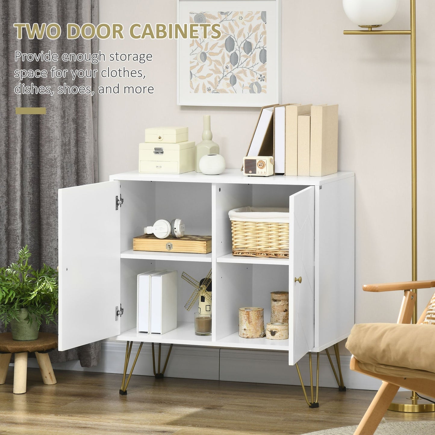 Storage Cabinet with Golden Tone Legs & Adjustable Shelves - White