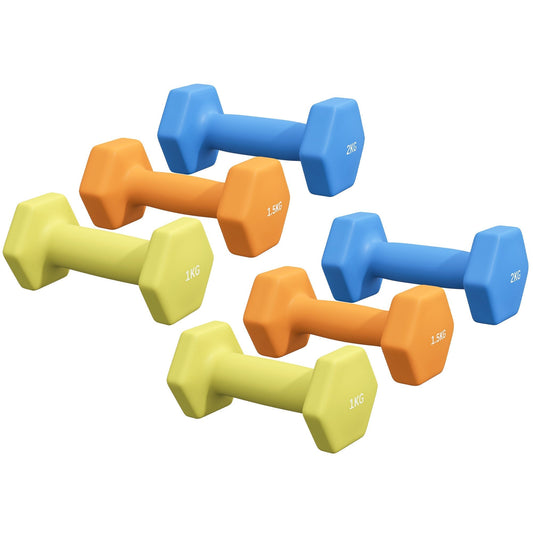 SPORTNOW 2 x 1kg, 2 x 1.5kg and 2 x 2kg Hexagonal Dumbbells Weights Set with Non-Slip Grip for Home Gym Workout