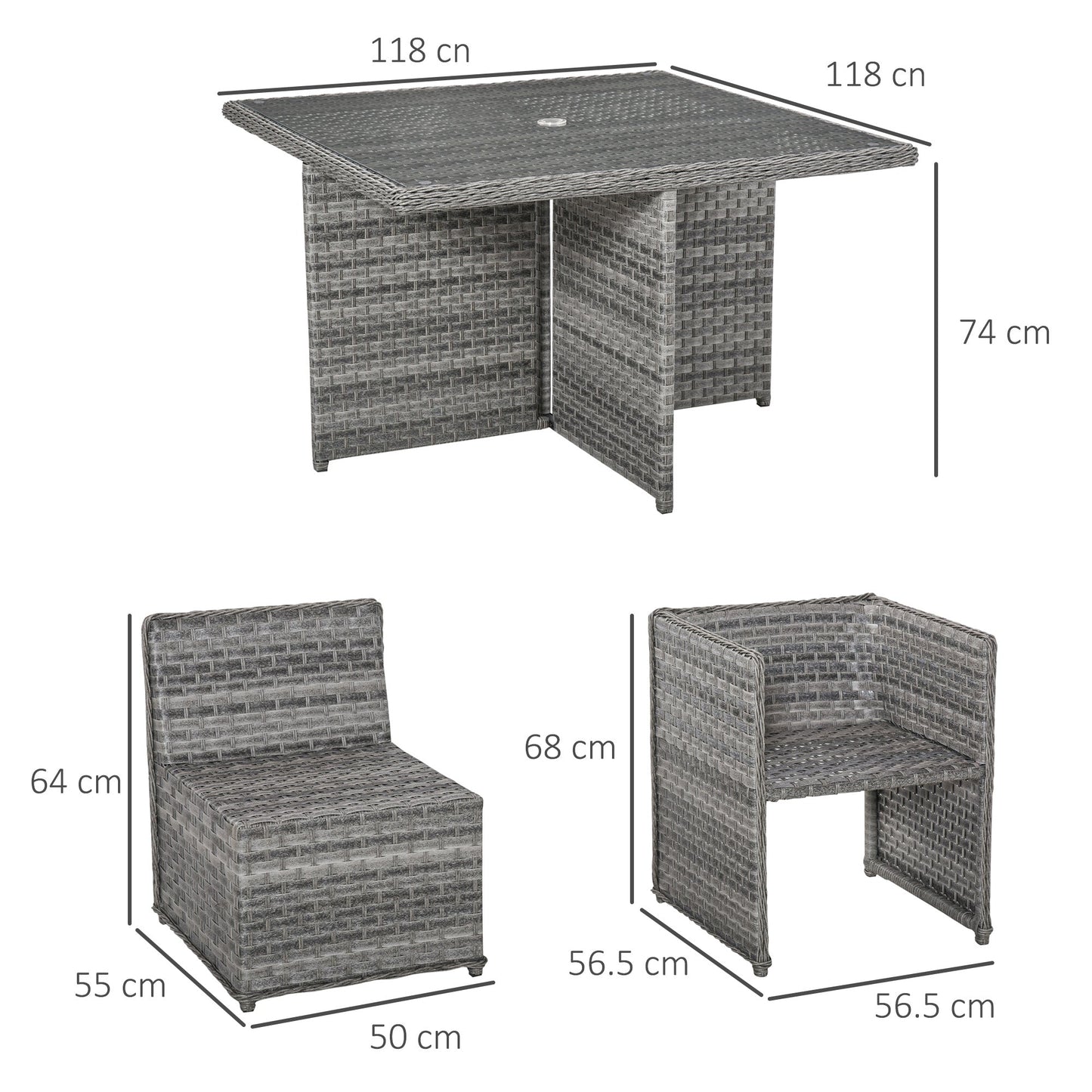 مجموعة كراسي طاولة طعام من الخيزران مكونة من 8 مقاعد من Outsunny Patio أثاث حديقة على شكل مكعب من الخوص مع طاولة ثقب مظلة للاستخدام الداخلي والخارجي باللون الرمادي المختلط