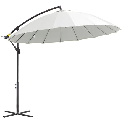 مظلة شمسية من Outsunny 3(m) Cantilever Shanghai Parasol Garden معلقة على شكل الموز مع مقبض كرنك، 18 ضلعًا قويًا وقاعدة متقاطعة، أبيض فاتح