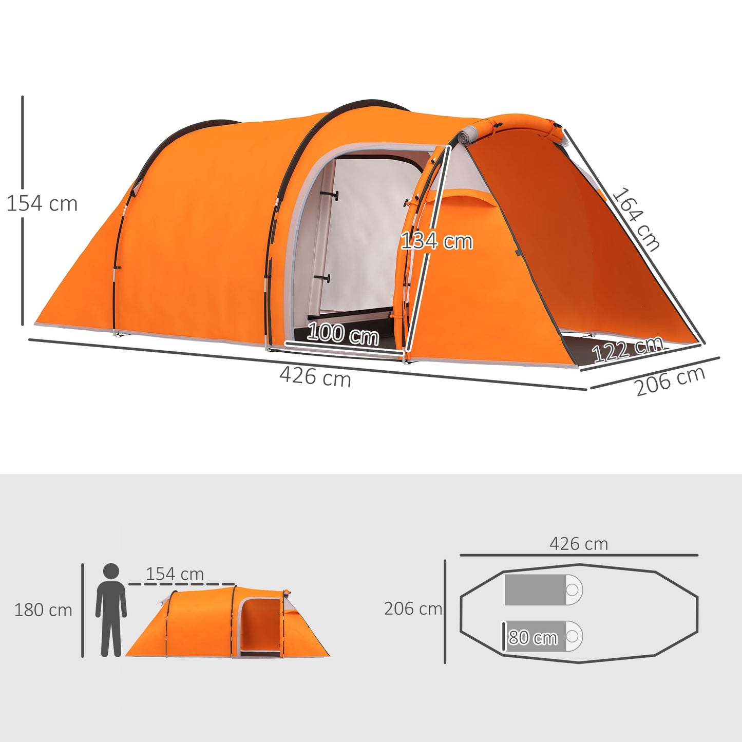 Outsunny 2-3 Man Tunnel Tents w/ Vestibular Camping Tent Porch Air Ventsitionable Shelter, Orange