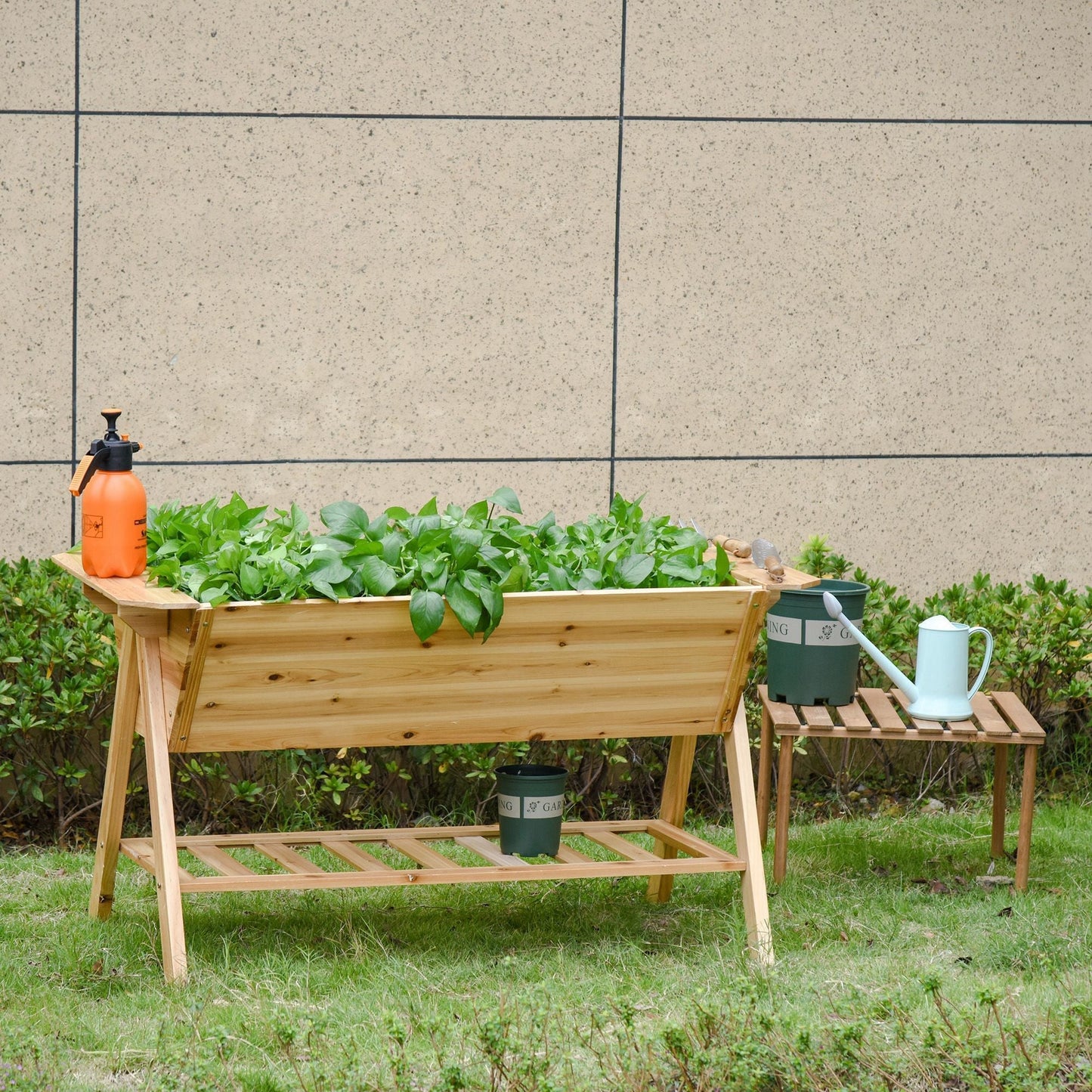 Outsunny Free Standing Wooden Planter Garden Raised Bed Planter Box Outdoor Patio with Storage Shelf Plates