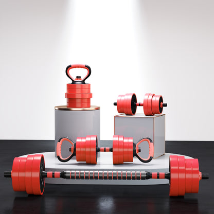 SPORTNOW 30kg Four-In-One Adjustable Weight Dumbbells Set, Barbell, Kettlebell, Push Up Stand - Red