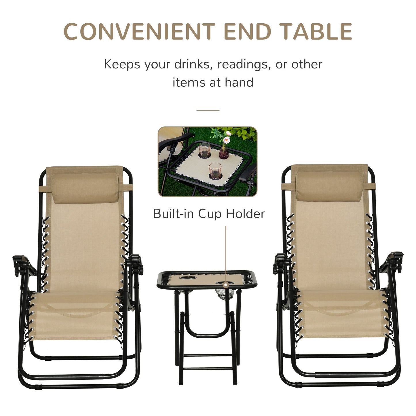 Outsunny Folding Zero Gravity Chairs, 3 Pieces Adjustable Sun Lounger and Table Set with Cup Holder and Headrest, Bistro Set with Reclining Garden Chairs for Patio, Beige
