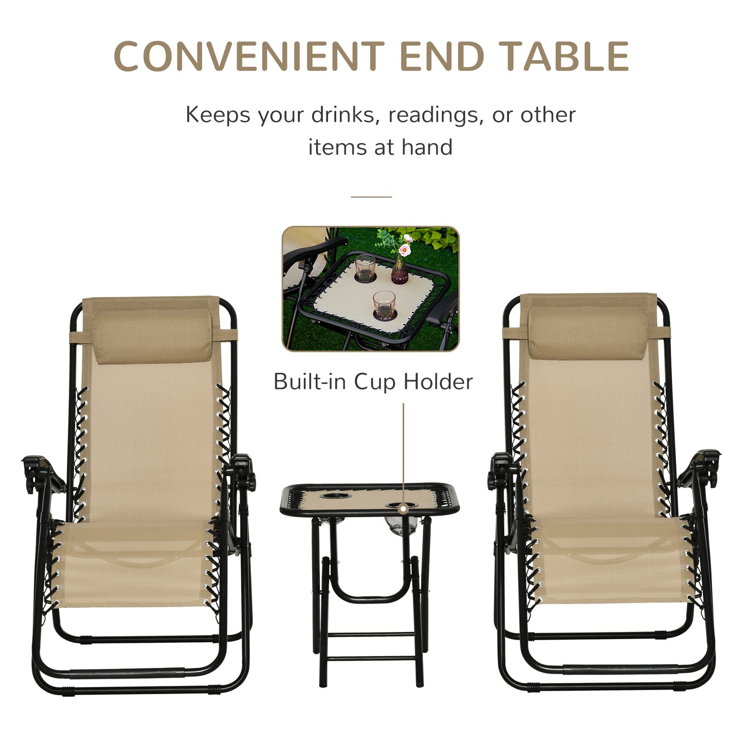 Outsunny Folding Zero Gravity Chairs, 3 Pieces Adjustable Sun Lounger and Table Set with Cup Holder and Headrest, Patio Bistro Set with Reclining Garden Chairs for Outdoor, Beige