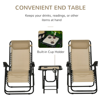 Outsunny Folding Zero Gravity Chairs, 3 Pieces Adjustable Sun Lounger and Table Set with Cup Holder and Headrest, Patio Bistro Set with Reclining Garden Chairs for Outdoor, Beige