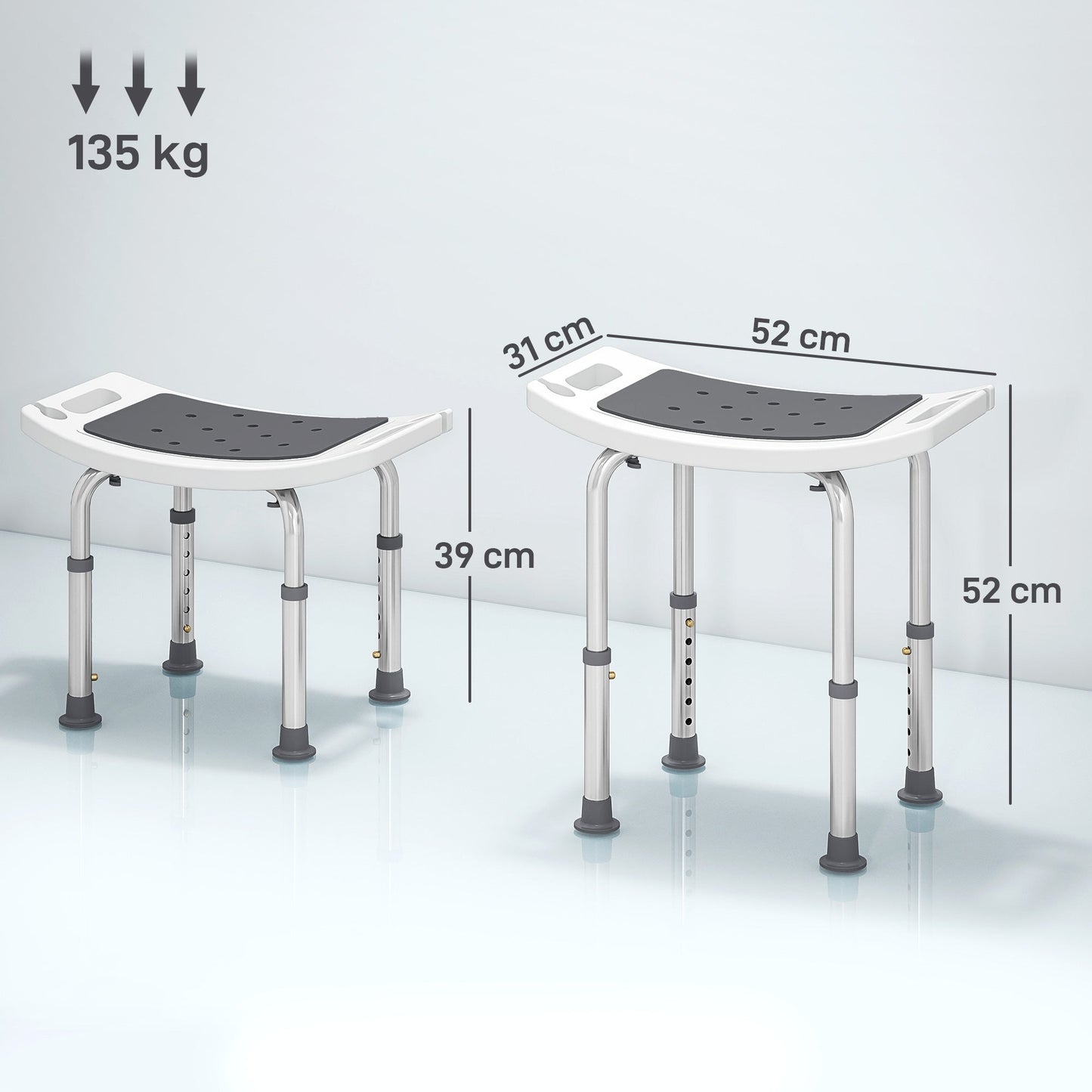 HOMCOM 6-Level Height Adjustable Aluminium Bath Room Stool Chair Shower Non-Slip Design w/ Padded Seat Drainage Holes Foot Pad, Grey