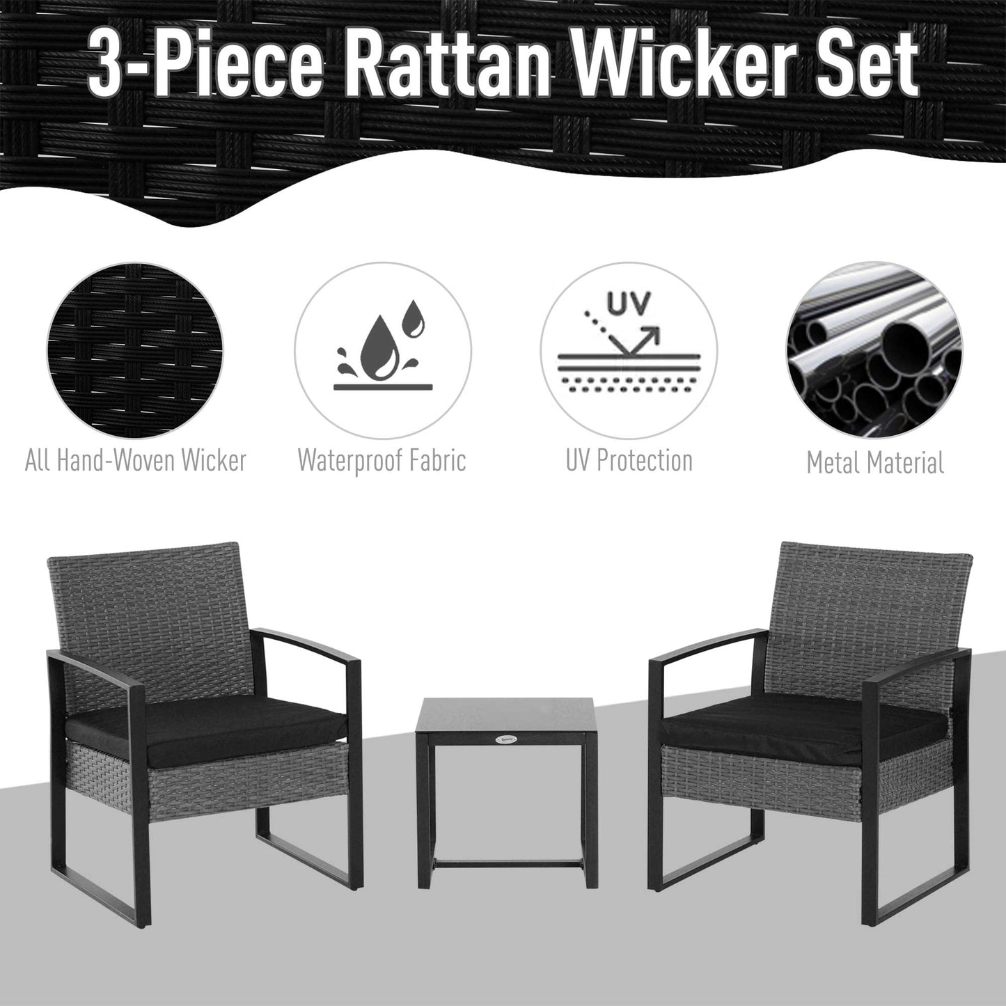 Outsunny PE Rattan Garden Furniture 2 Seater Patio Bistro Set Weave Conservatory Sofa Coffee Table and Chairs Set Grey