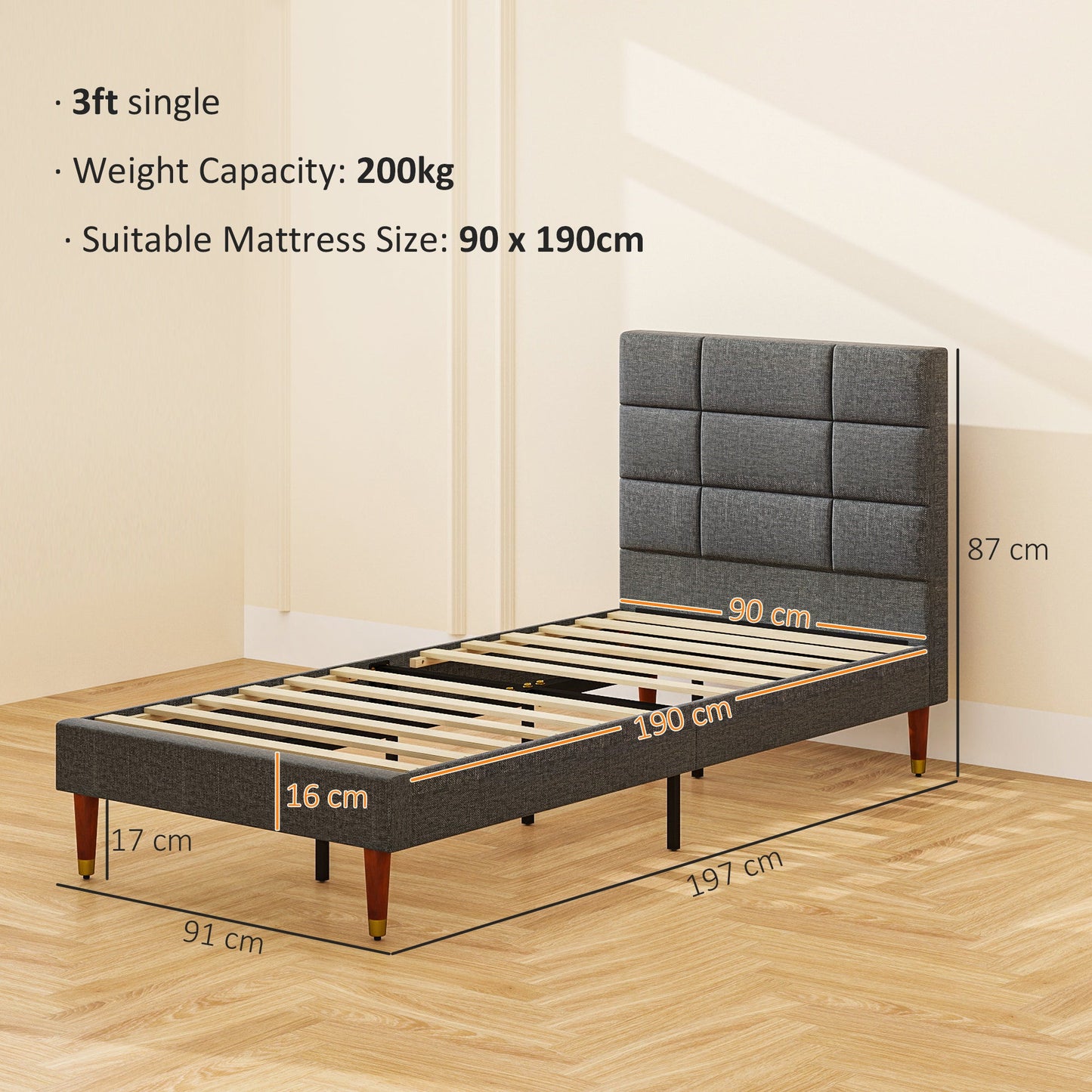 HOMCOM Upholstered Single Bed Frame 161W x 208D x 121Hcm with Slats, Grey