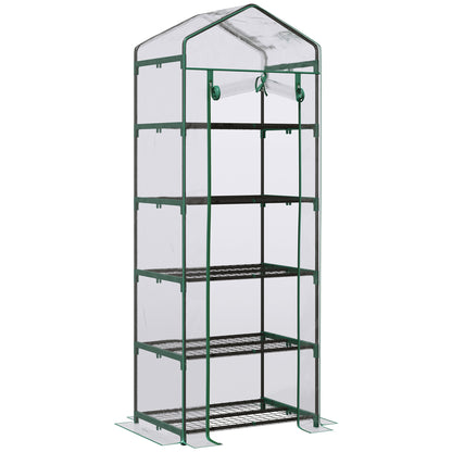 Outsunny 5 Tier Mini Szklarnia, Mała Szklarnia z Wzmocnioną Plastikową Osłoną, Domek Ogrodowy z Drzwiami Zwijanymi i Półkami, 69 x 49 x 193 cm, Zielony
