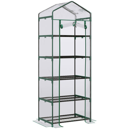 Outsunny 5 Tier Mini Greenhouse, Small Walk-in Greenhouse with Reinforced Plastic Cover, Garden Grow House with Roll Up Door and Shelves, 69 x 49 x 193cm, Green