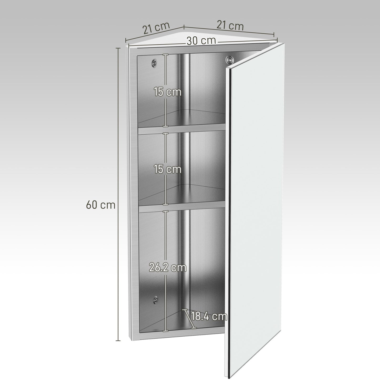 HOMCOM Stainless Steel Wall mounted Bathroom Corner Mirror Storage Cabinet Single Door 300mm (W)