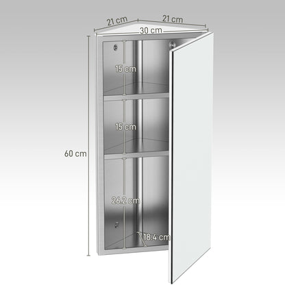 HOMCOM Stainless Steel Wall mounted Bathroom Corner Mirror Storage Cabinet Single Door 300mm (W)