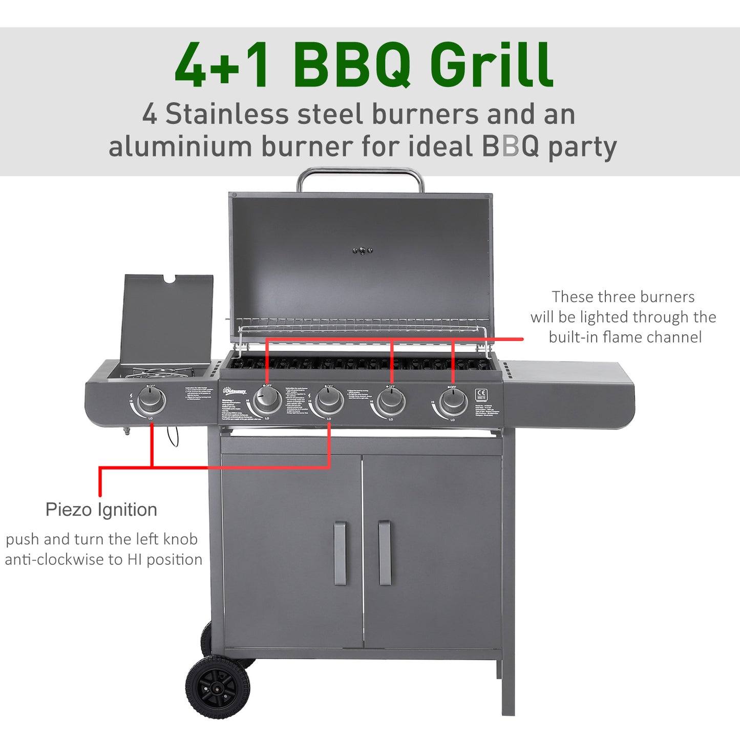Grill gazowy Outsunny 4+1 Burner, wózek do grillowania na zewnątrz z kółkami, rusztem do podgrzewania, półkami bocznymi, szafką, termometrem do ogrodu, na imprezę, na kemping, 125 dł. x 51 szer. x 100 wys. cm, szary