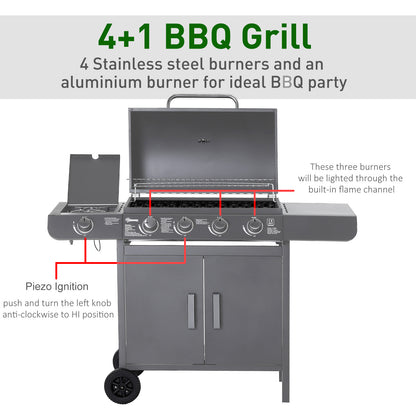 Grill gazowy Outsunny 4+1 Burner, wózek do grillowania na zewnątrz z kółkami, rusztem do podgrzewania, półkami bocznymi, szafką, termometrem do ogrodu, na imprezę, na kemping, 125 dł. x 51 szer. x 100 wys. cm, szary
