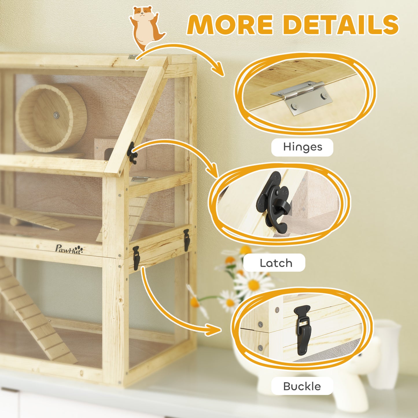 PawHut Wooden Hamster Cage with Detachable 32cm Deep Bottom, Hut, Seesaw, Exercise Wheel, Ramp, 60 x 40 x 75cm
