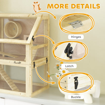 PawHut Wooden Hamster Cage with Detachable 32cm Deep Bottom, Hut, Seesaw, Exercise Wheel, Ramp, 60 x 40 x 75cm