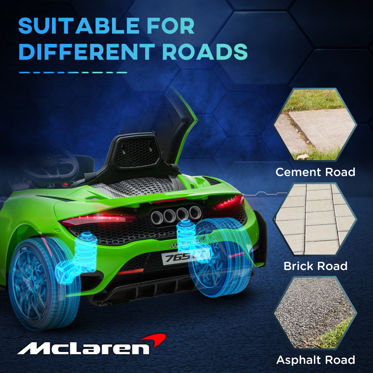 سيارة كهربائية للأطفال مرخصة من AIYAPLAY McLaren 765LT بقوة 12 فولت مع أبواب على شكل فراشة وعجلات نقل تعمل بالتحكم عن بعد باللون الأخضر