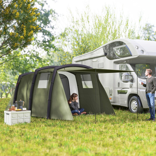 Outsunny Inflatable 3-4 Man Tunnel Tent w/ Air Pump, Living Area & Vestibule, Waterproof Family Camping Air Tent w/ Sewn In Groundsheet & Removable Footprint for Camping, Hiking, Olive Green