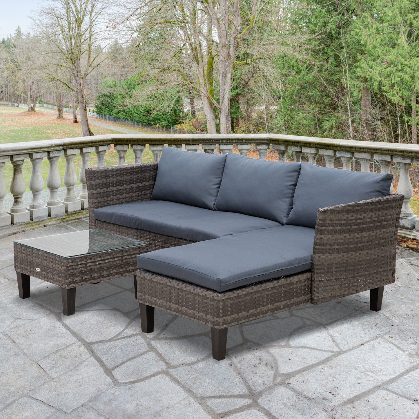 Outsunny 3 Pcs Garden Sofa PE Rattan Set w/ 2 Seats Square Glass Top Coffee Table Thick Cushions Solid Legs Metal Frame Patio Outdoor Balcony Patio L Corner Shape - Grey