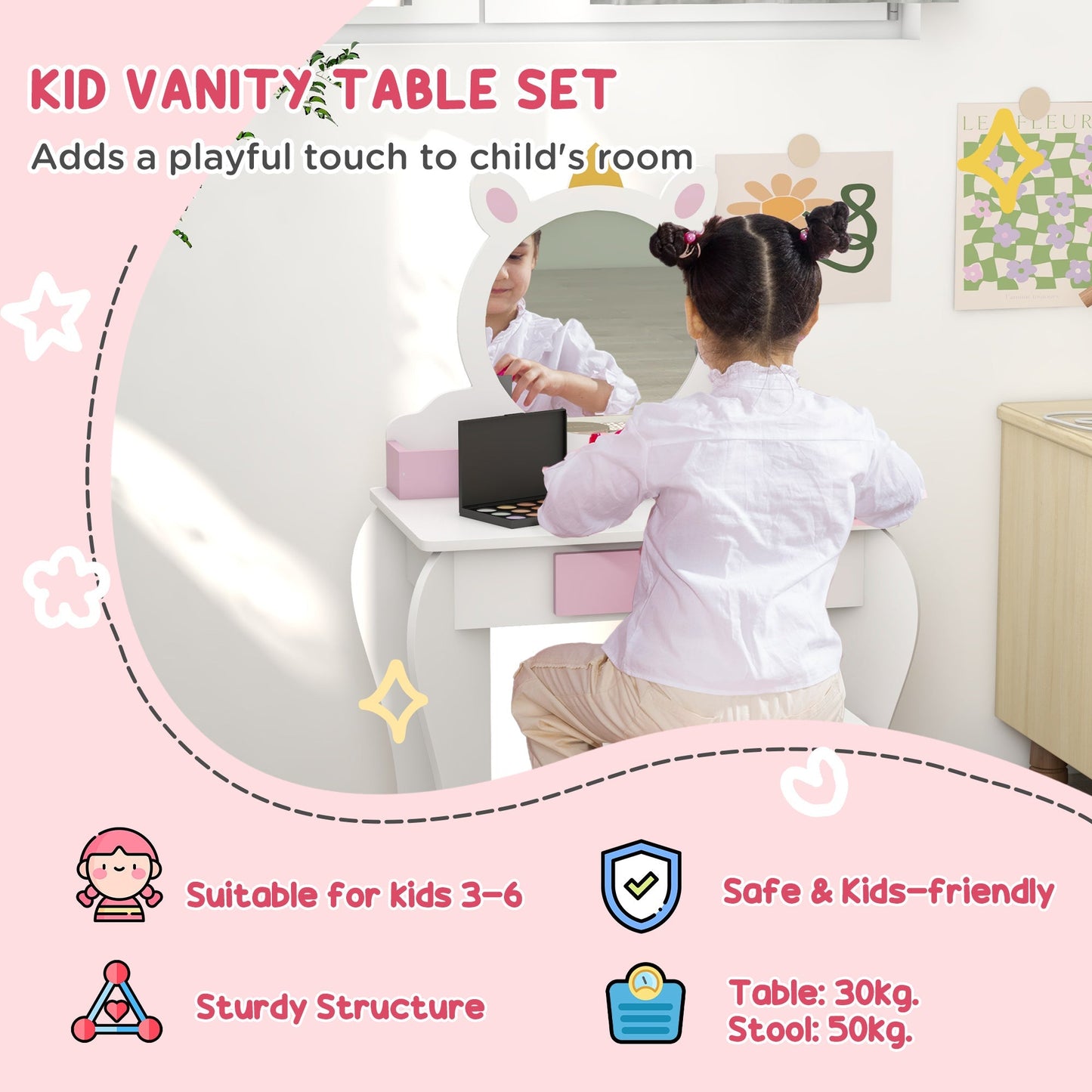 ZONEKIZ Unicorn-Design Kids Dressing Table, with Mirror and Stool - White