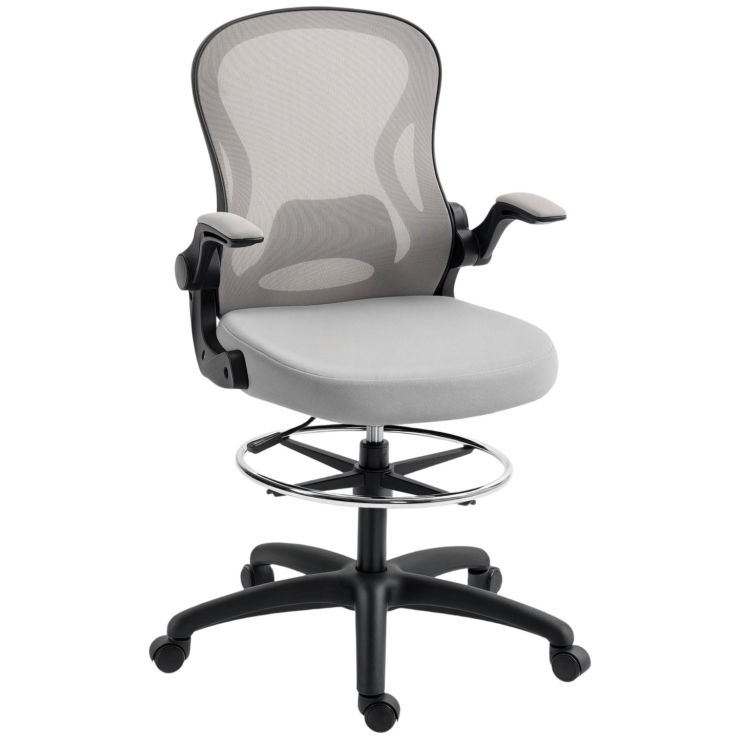 Vinsetto Adjustable Mesh Standing Desk Chair with Flip-up Armrests Lumbar Support Armrests Adjustable Footrest Ring Grey