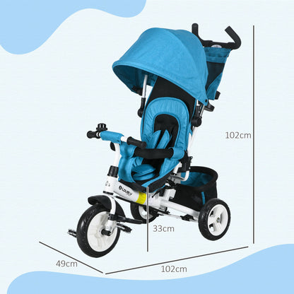 4 in 1 Kids Trike Push Bike w/ Push Handle, Canopy, 5-point Safety Belt, Storage, Footrest, Brake, for 1-5 Years, Blue