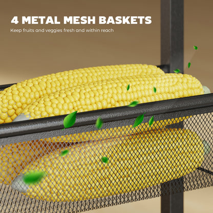 HOMCOM Slim Storage Trolley, 5-Tier Kitchen Cart on Wheels with Wood-effect Top, Handle for Living Room, Bathroom, Black