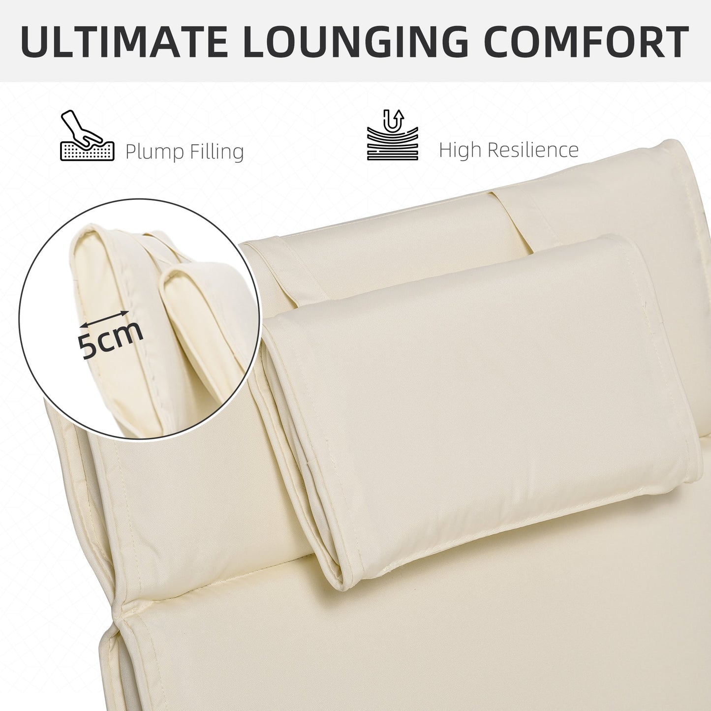 Outsunny Garden Sun Lounger Cushion Replacement Soft Sunbed Reclining Chair Relaxer Pad with Pillow, Cushion ONLY - Cream White