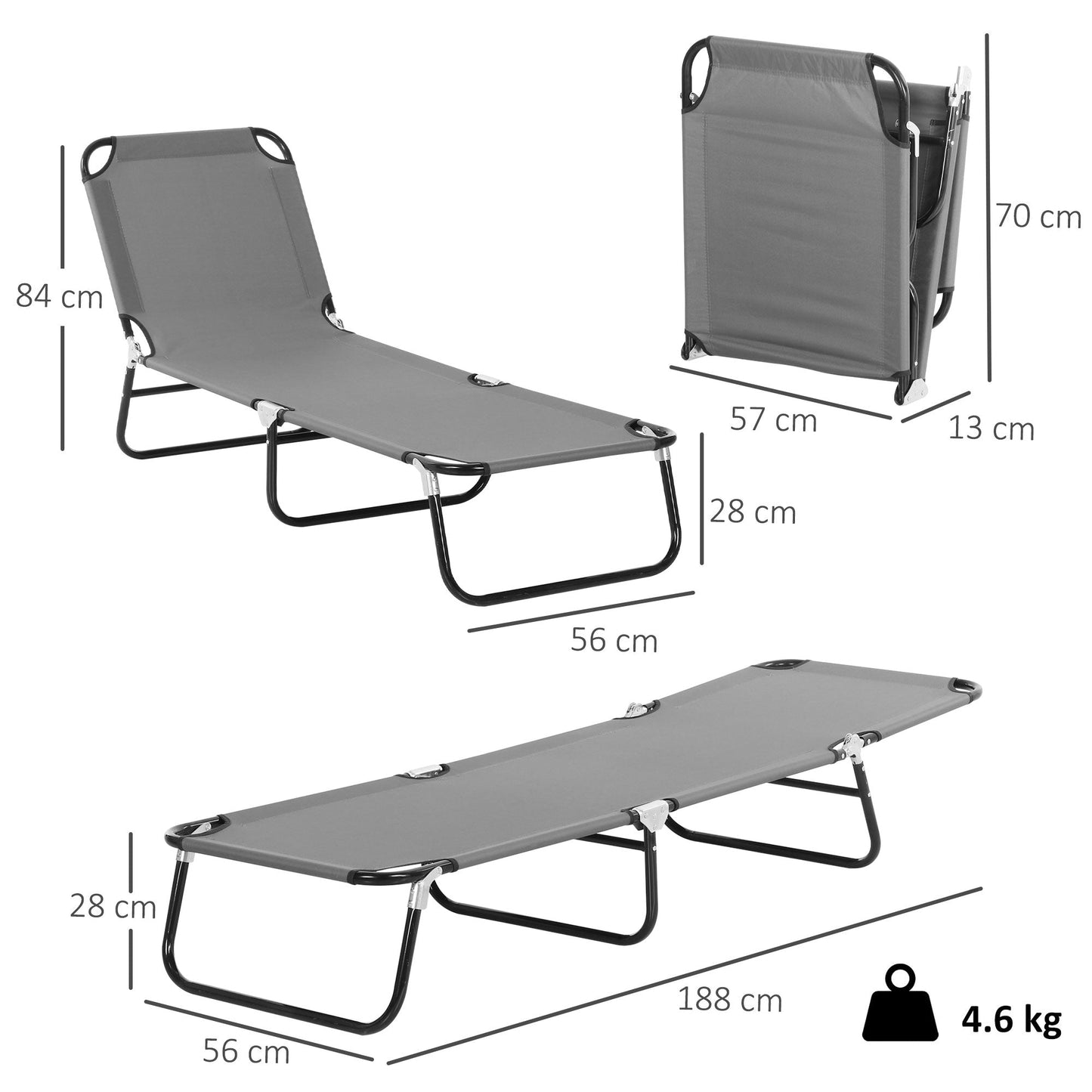 Outsunny Foldable Sun Lounger with 5-Position Adjustable Backrest, Outdoor Portable Recliner Chaise Lounge Chair with Breathable Mesh Fabric, Grey