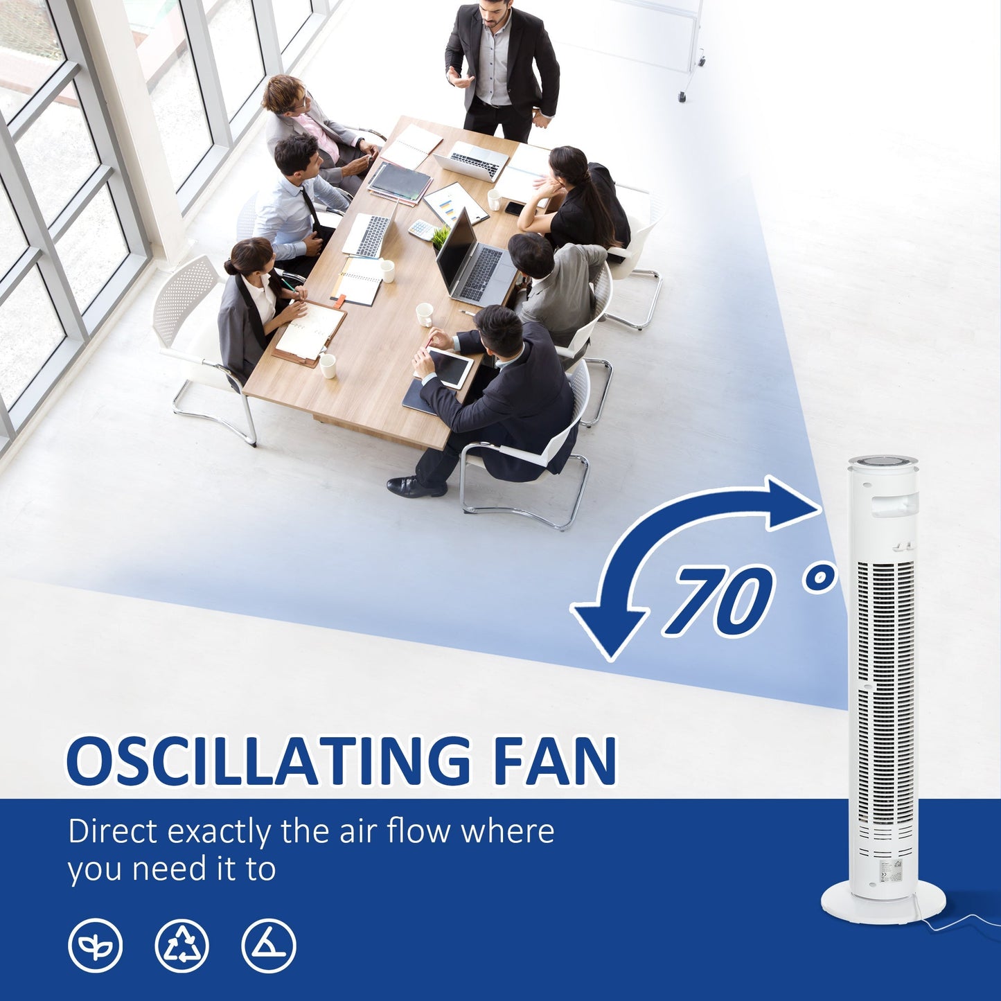 30'' Freestanding Tower Fan, 3 Speed 3 Mode, 10h Timer, 70 Degree Oscillation, LED Light, 5M Remote Controller, White