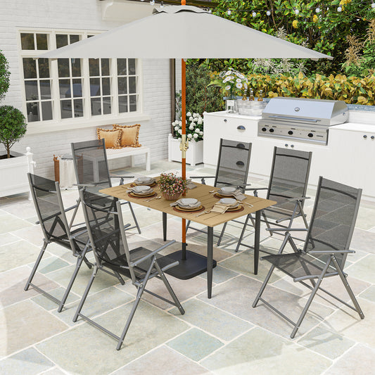 Outsunny Garden Dining Table dla 6 osób, prostokątny stolik kawowy do ogrodu z otworem na parasol 5 cm, blatem z listew i stalową ramą na taras i balkon, brązowy