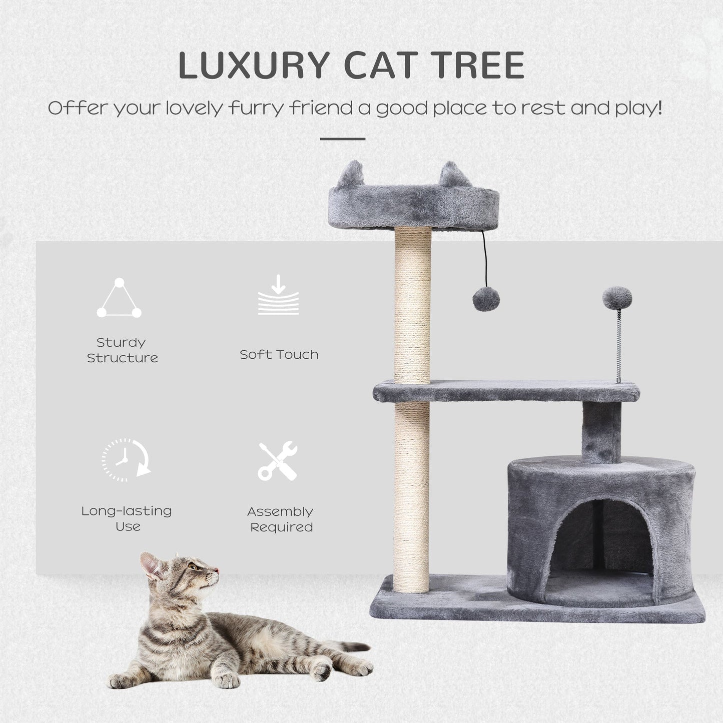 PawHut Cat Tree for Indoor Cats with Scratching Post Climbing Tower Kitty Activity Centre Condo Perch Jumping Platforms Grey 60L x 40W x 81H cm