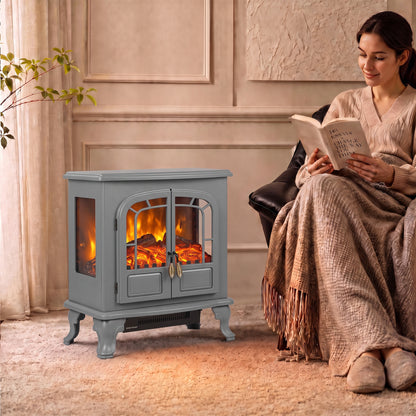 HOMCOM Freestanding Electric Fireplace Stove Heater with LED Fire Flame Effect Grey